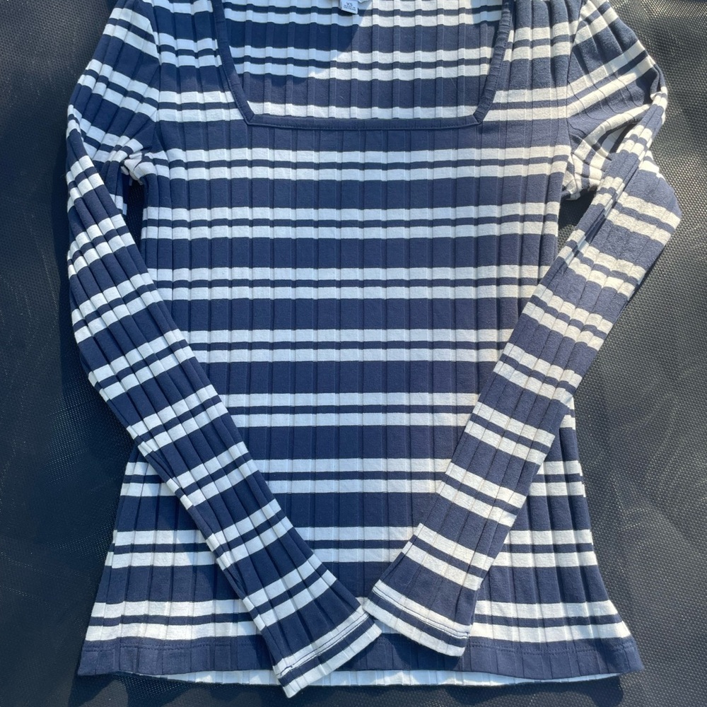 L.L. Bean Navy and White Striped Long Sleeve Top Ribbed Square Neck Sz XS